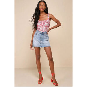 Women's Lulus Floral Print Mesh Ruched Sleeveless Top Size L - White/Red